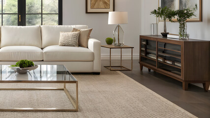 3D rendering of modern living room with beige sofa and carpet