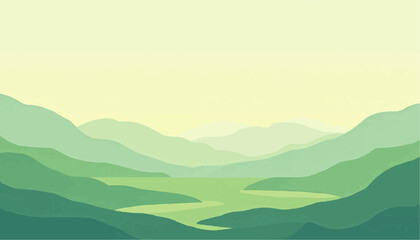 Obraz premium Green Layered Mountain Landscape with Calm Water Scenery