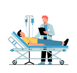 Doctor examines patient lying on hospital bed with IV drip, showcasing medical consultation in healthcare setting. scene emphasizes care and professionalism