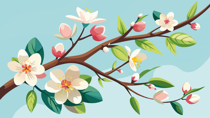 Fototapeta premium Delicate white and pink cherry blossoms adorn a branch against a soft blue sky