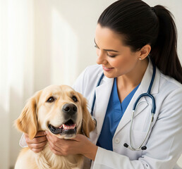 Compassionate Female Veterinarian Examining a Happy Golden Retriever Dog at a Clinic Visit