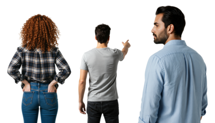 A diverse group of three people, two men and a woman, seen from behind and in profile. One man is pointing forward, isolated on a transparent background.