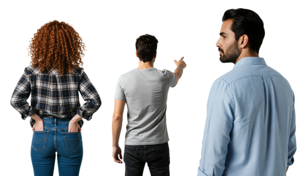 A diverse group of three people, two men and a woman, seen from behind and in profile. One man is pointing forward, isolated on a transparent background.