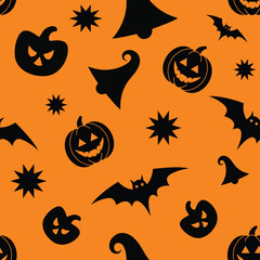 Seamless halloween pattern with black pumpkins bats and witch hats on orange background