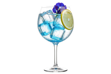 blue gin and tonic cocktail with butterfly pea flower and lemon