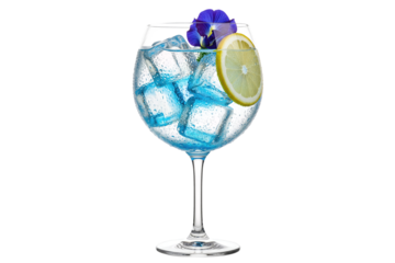 blue gin and tonic cocktail with butterfly pea flower and lemon