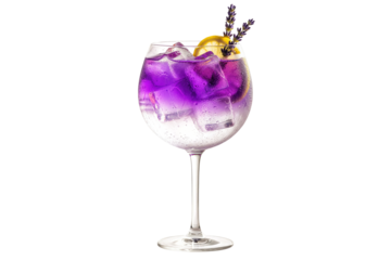 purple gin and tonic cocktail with lavender and lemon garnish