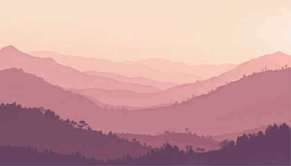 Fototapeta premium Pink Purple Mountain Landscape with Layered Hills and Forests at Dusk