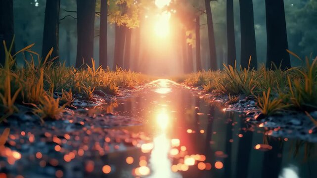 Sunburst filters through trees in a misty forest at dawn. Tribal legends