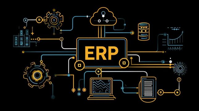 ERP software business operation. Integration strategy. Database performance. Vector diagram illustrating ERP connection to central data.