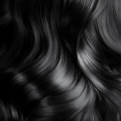 Brunette or black hair. Female long dark hair in black. Beautifully laid curls. Closeup texture in a dark key. Hairdressing, hair care and coloring. Shading gray hair. Background with copy space.