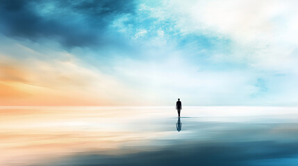 A solitary figure walks towards the horizon, offering a sense of ambition, freedom, and personal growth against a serene sky.