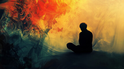 Meditative silhouette immersed in vibrant abstract background of swirls and warm colors, exuding peace and introspection.