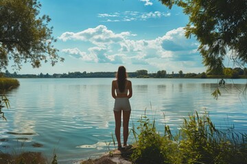 High Quality Visual of One Woman Standing by Water Enjoying Summer