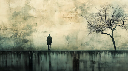 Solitary figure stands before an aged textured wall next to a bare tree, embodying solitude and a melancholic mood.