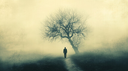 A lone figure walks toward a bare tree shrouded in an atmospheric fog, creating a sense of mystery and solitary reflection.