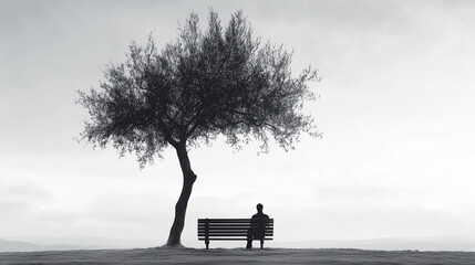 Solitude finds peace as a man sits on a park bench beneath a majestic tree, rendered in timeless black and white.