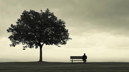 Solitary figure rests on a bench beneath a sprawling tree in a monochrome landscape, evoking serenity and introspection.