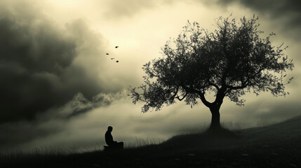 A contemplative figure sits beneath a serene tree, birds flying under a dramatic sky in a peaceful landscape, offering calm.