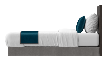 Side profile view of a modern single bed with a teal blue satin pillow and bed runner, isolated. 3D render.