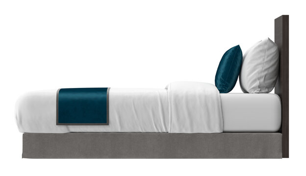 Side profile view of a modern single bed with a teal blue satin pillow and bed runner, isolated. 3D render.