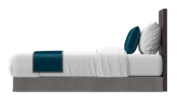 Side profile view of a modern single bed with a teal blue satin pillow and bed runner, isolated. 3D render.
