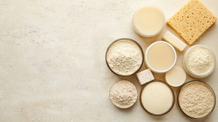 Innovative Crafting Ideas Concept. Various Natural Ingredients and Powders on a Light Background for Culinary Uses and Recipes
