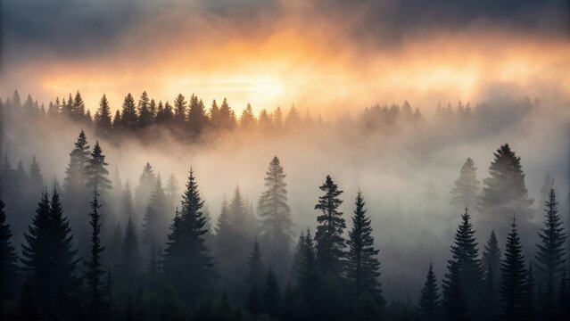 Misty forest at sunset with layered trees and dramatic lighting.