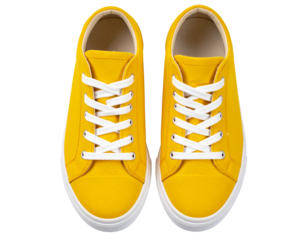 Top-Down Flat Lay of Yellow High-Top Sneakers with Shadows – Transparent Background PNG.