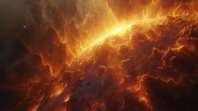 Blazing inferno spills across a burning cosmic sphere, Solar eruption's fury for sci-fi dreams to engineer.
