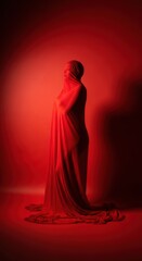 Fototapeta premium Eerie silhouette cloaked in red fabric creating mystical atmosphere