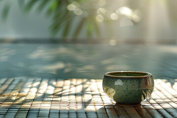 Side View of a Japanese Tea Ceremony with Matcha Tea in a Traditional Tea Cup on a Tatami Mat Table