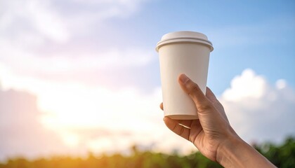 Hand holding disposable coffee cup outdoors