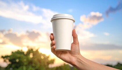 Hand holding blank white coffee cup against sunset