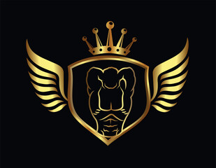  Golden Bodybuilder Shield Logo with Crown and Wings