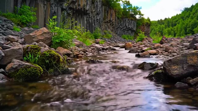 Sungai kecil di celah tebing basalt, vegetasi mossy, air beriak, Realistis, 3D look (cinematic), Statis (kamera diam), Smooth (gerakan tidak tersendat), 4K resolusi, Loopable seamless