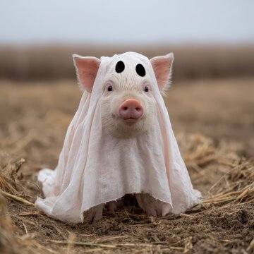 Piglet in spooky ghost costume made from a white sheet on farm field