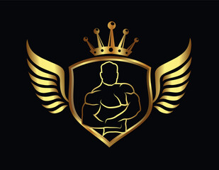 Obraz premium Golden Bodybuilder Shield Logo with Crown and Wings Vector 