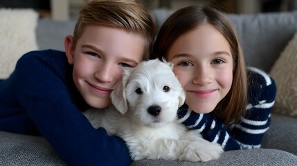 Siblings cuddling with their pet dog on the couch