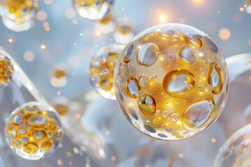 Ultra Quality Picture of Skin Cell with Golden Liquid Oil Bubble, 3D RenderingHigh Detail, 8K