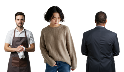 A diverse group of three people: a young Caucasian waiter, a sad Asian woman, and a Black businessman from behind, isolated on a transparent background.