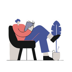 A man reading a book Sitting on the sofa vector design. Man is reading a book on a couch. There are several books on the couch and a vase on the floor.