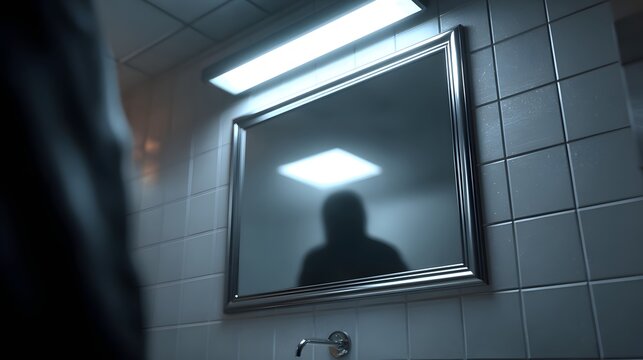 Mysterious silhouette reflected in a bathroom mirror