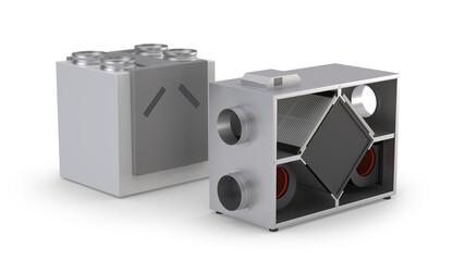 Recuperators, Heat Recovery Ventilation Units – External View and Interior Cross-Section, 3d render