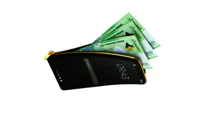 Online mobile money wallet concept. 3D rendering of Algerian dinar notes inside smart phone isolated on transparent background. money coming out of purse