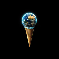 Realistic Earth in ice cream cone on black background