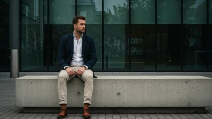 Contemplative businessman sitting in front of a modern building, embodying success and urban