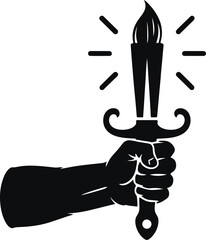 Hand holding a torch sword silhouette isolated on transparent background