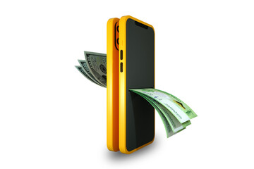 US dollar and Algerian Dinar notes exchanging through mobile phone, Online money transfer, electronic payment systems, Mobile banking. currency exchange concept. isolated on transparent background