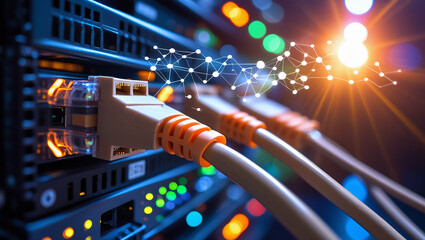 Modern network cables connected to server rack with abstract glowing data connections